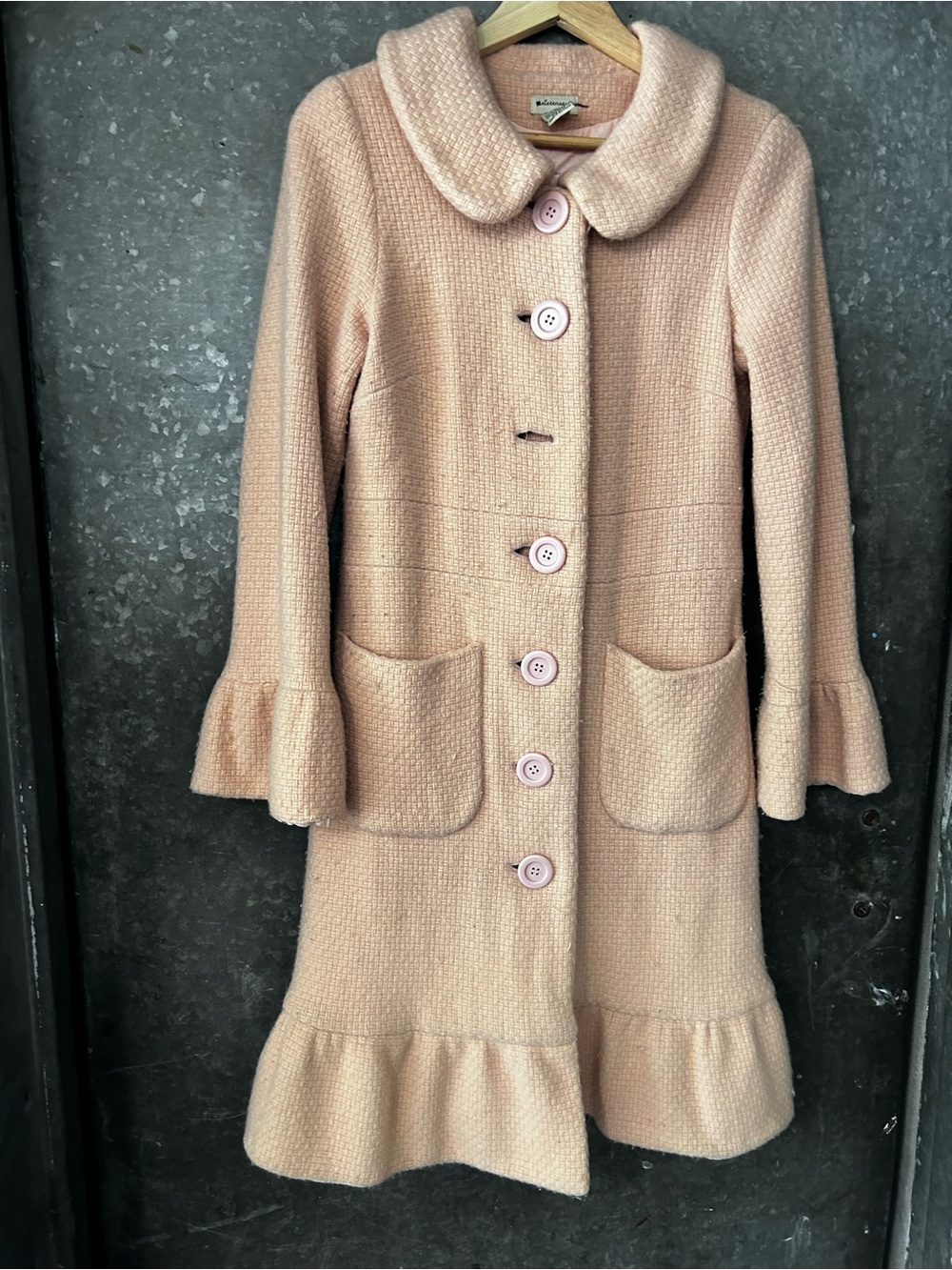 Anthropologie Elevenses Vintage-Inspired Pink Wool Blend Coat with Ruffle Hem